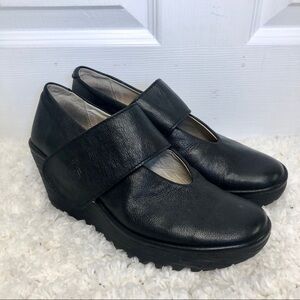 FLY London Black Leather Mary Jane Wedges 8.5